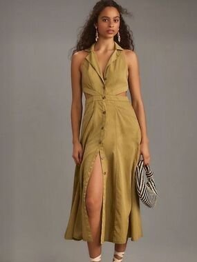Anthropologie Pilcro Halter Plunge Cut Out Midi Dress Green size 8